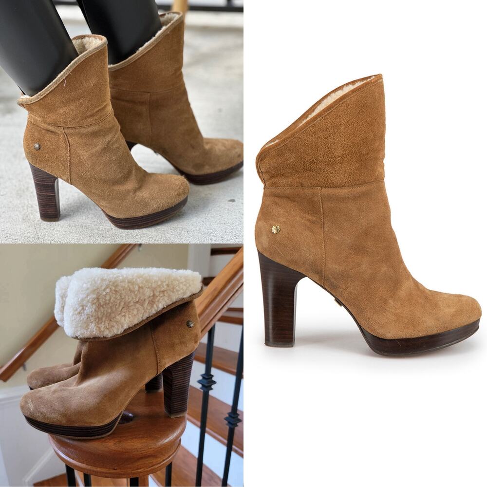 UGG US 6.5 Dandylion Chestnut Brown Leather Suede High Heel Ankle Boots EU37.5